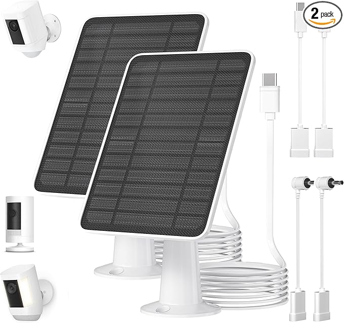 5W Solar Panel for Ring Camera, Solar Panel Charger Compatible with Ring Spotlight Plus/Pro Stick Up Outdoor Cam Battery, 10ft Cable with USB-C to Barrel Plug Adapter & Micro-USB Adapter, 2 Pack