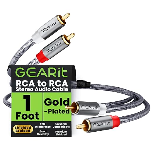 GEARit RCA Cable (1FT) 2RCA Male to 2RCA Male Stereo Audio Cables Shielded Braided RCA Stereo Cable for Home Theater, HDTV, Amplifiers, Hi-Fi Systems, Car Audio, Speakers, 1 Feet