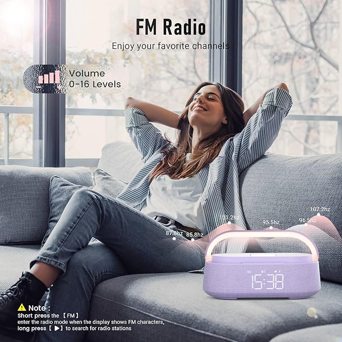 Bluetooth Speaker with Wireless Charger, FM Radio, Dimmer Night Light, Phone Holder, Wireless Charging Speakers for iPhone Samsung, Bedrooms Home Office Gifts