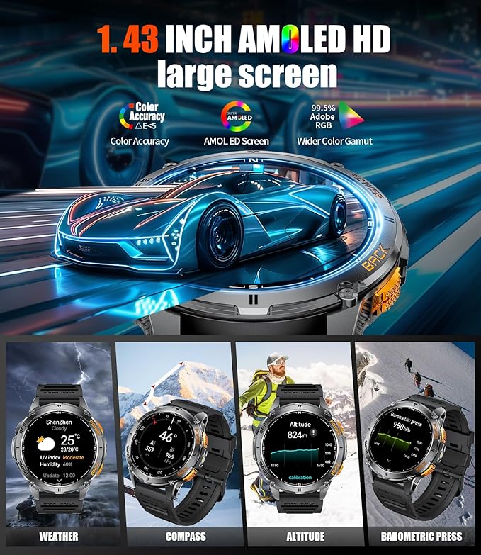 LIGE GPS Smart Watch for Men, Compass/LED Flashlight/1.43" AMOLED Smartwatch, IP68 Waterproof/Swim Mode/Pedometer/170+ Sports Mode Fitness Tracker, Men's Smart Watches for Android iPhone Compatible