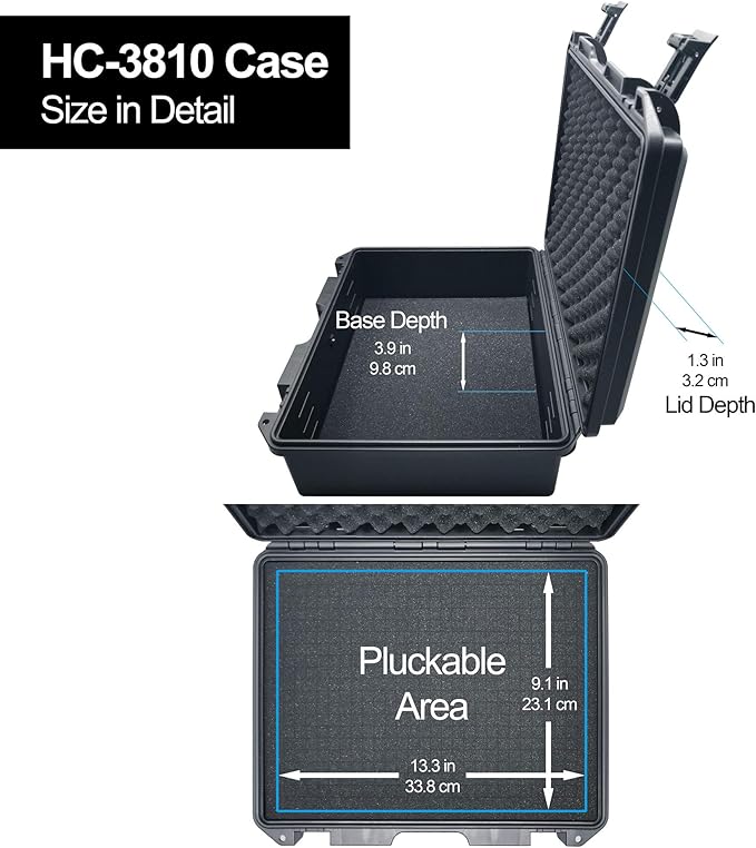 Lykus HC-3810 Waterproof Hard Case with Customizable Foam Insert, Interior Size 14.96x11.02x5.3 in, Suitable for camera,lens,drone,mic,flashlight,telescope,action cam,electronics,tools,and more