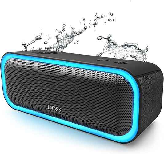 DOSS SoundBox Pro Bluetooth Speaker with 20W Stereo Sound, Active Extra Bass, 20H Playtime, IPX6 Waterproof, TWS Pairing, Multi-Colors Lights, Portable for Hiking, Camping, Beach, Outdoor, Party-Black