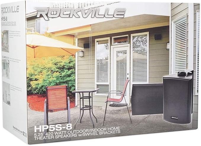Rockville HP5S-8 BK (2) 420W 5.25" Outdoor/Indoor Wall Mount Speakers, 8-Ohm, Weather Resistant, Swivel Brackets, Paintable Grill, Perfect for Patios and Home Theater