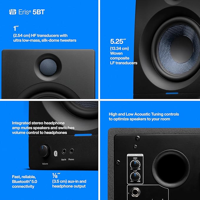 PreSonus Eris 5BT Bluetooth Studio Monitors, Pair — 5.25" Inch Powered Bookshelf Speakers, Stereo, Desktop Computer, Near Field Music Production, Audio Mixing Recording