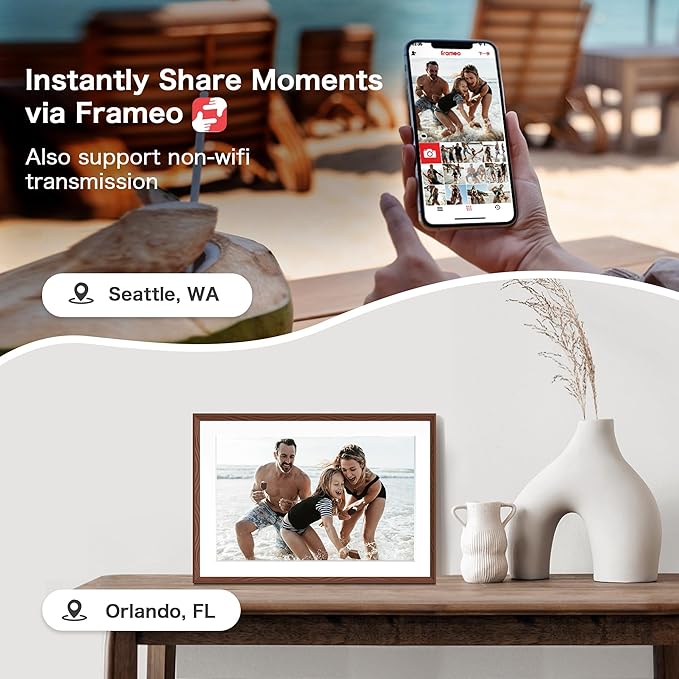 Digital Picture Frame, 10.1'' Frameo Digital Frame Wifi, 1280*800 HD Touch Screen, 32GB Memory, Wall Mountable Digital Photo Frame, Auto-Rotate, Share Instantly, Wedding, Birthday Gifts for Mom, Brown