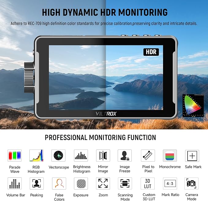 VILTROX DC-550 Pro 5.5 inch Camera Field Monitor, 4K HDMI Touchscreen DSLR Camera Monitor with Battery Sunshade Hood, 1200 Nits 3D Lut 1920X1080 HD Focus Peaking Assist On Camera Video Monitor