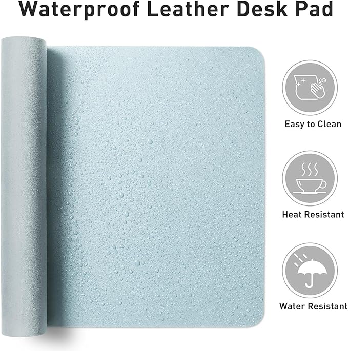 Aothia Leather Desk Pad Protector, Mouse Pad, Office Desk Mat, Non-Slip PU Leather Desk Blotter, Laptop Desk Pad, Waterproof Desk Writing Pad for Office and Home (36" x 17", Baby Blue)