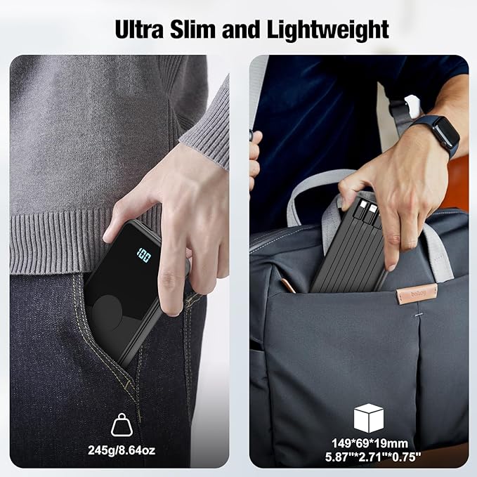 Portable Charger with Built in Cables,High Speed Power Bank 10000mAh Travel Battery Pack 5 Outputs 3 Inputs Portable Phone Charger Backup Battery for iPhone, Samsung, iPad,Tablets (Black)