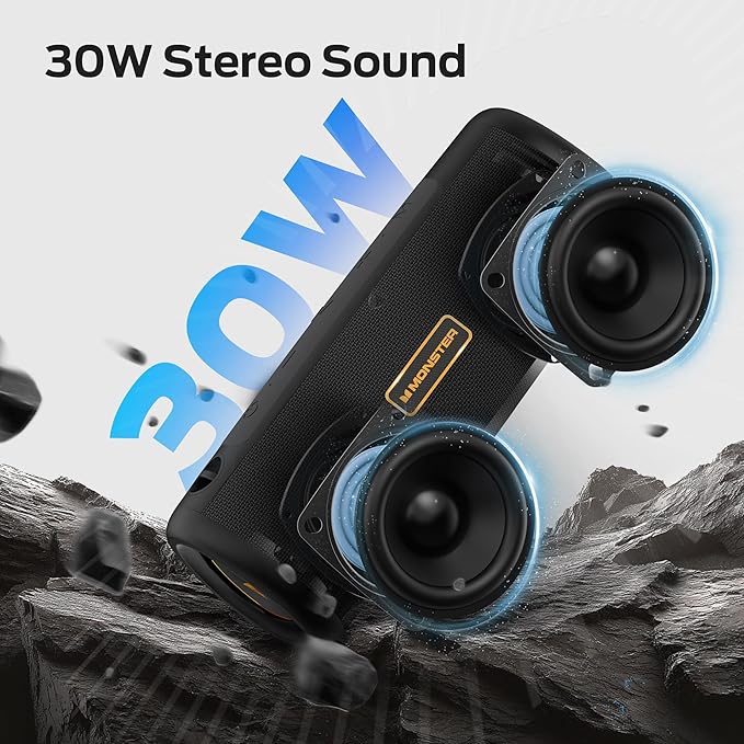 Monster S230 Portable Bluetooth Speaker, Wireless Speaker with 30W Loud Stereo Sound, Wireless Stereo Pairing, 24H Playtime, Bluetooth 6.0 Supports TF Card, AUX for Outdoor/Home/Party