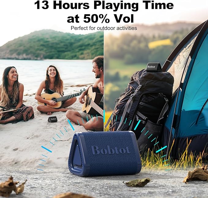 Bobtot Portable Bluetooth Speaker Wireless, IPX7 Small Shower Speaker Waterproof, 15H Playing Time, Loud and Stereo Sound with Bass, TWS Pairing for Party, Camping, Travel, Blue