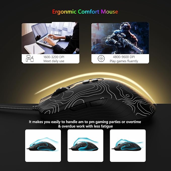 Womier Wired Gaming Mouse, 12800 DPI RGB Computer Mouse Topographic with 7 Programmable Buttons & 7 Backlit Modes, Software Supports DIY Black Gamer Mouse for Laptop PC Mac Windows (G706)