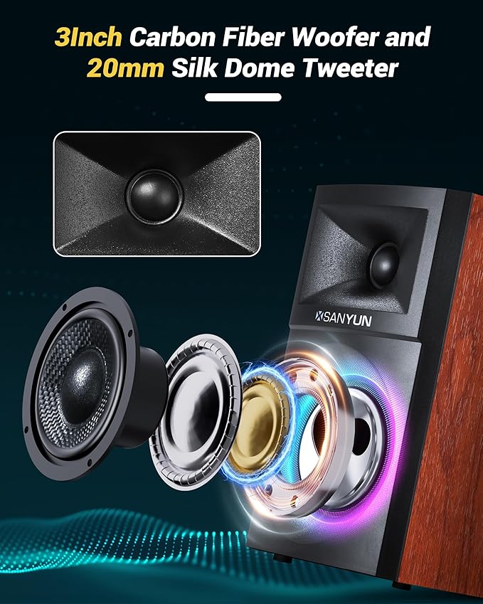 Sanyun SW203 4.0 Computer Speakers - 60W 4-Way DSP Control 3D Immersive Sound - 3" Carbon Fiber Woofer & 20mm Silk Dome Tweeter - 24bit DAC USB/Bluetooth 5.4/AUX - Studio-Grade Audio (Pair, Red)
