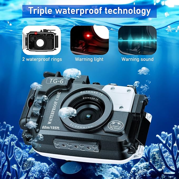 Seafrogs 60m/195ft Underwater Camera Housing for Olympus TG-6 – Waterproof Case with 52mm & 67mm Thread, Dual Fiber Optic Ports, Leak Detection, Stainless Steel Mounting Plate (TG-6-black)