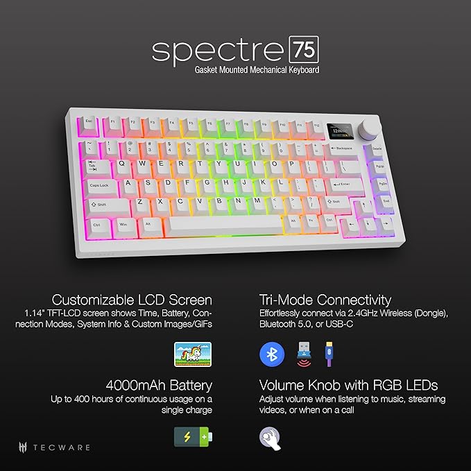 TECWARE Spectre 75% RGB Mechanical Gaming Keyboard with Customizable LCD Screen, Multi-Function Knob, Gasket Mount, South Face 5-Pin Universal Hot-Swappable Sockets White Candy Red Switch