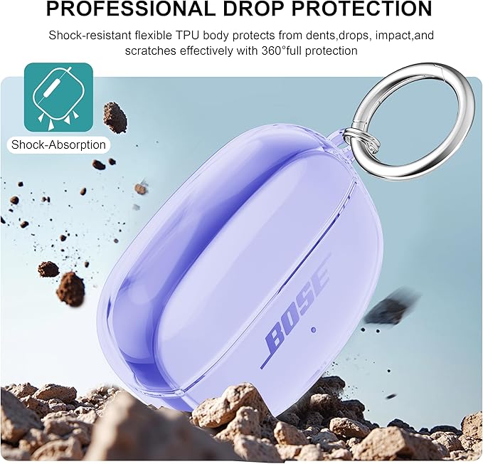 for Bose Ultra Open Earbuds Case Clear 2024,Full Protective Shockproof Soft Transparent TPU Cover for Bose Open Ear Wireless Earbud Headphone Accessories with Carabiner& Cleaning Pen-Purple
