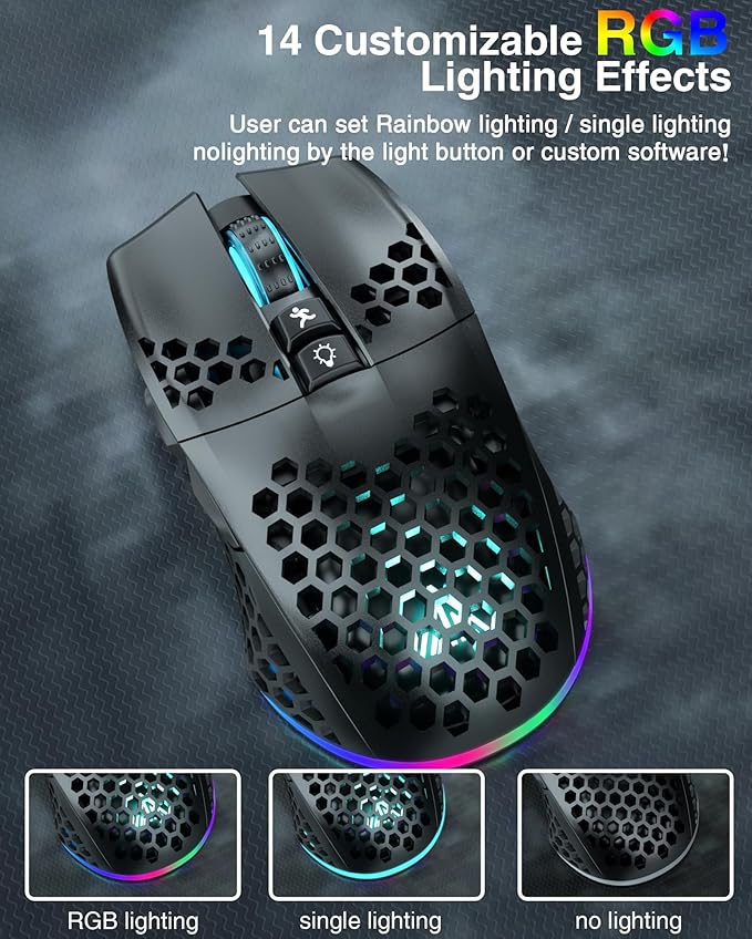 SM600 Honeycomb Shell Gaming Mouse Wireless,Tri-Modes BT5.1/2.4G Wireless/Type-C Wired Gamer Mouse with 2 Side Buttons, Macro Programmable and RGB Light for PC/Mac/Laptop,Black