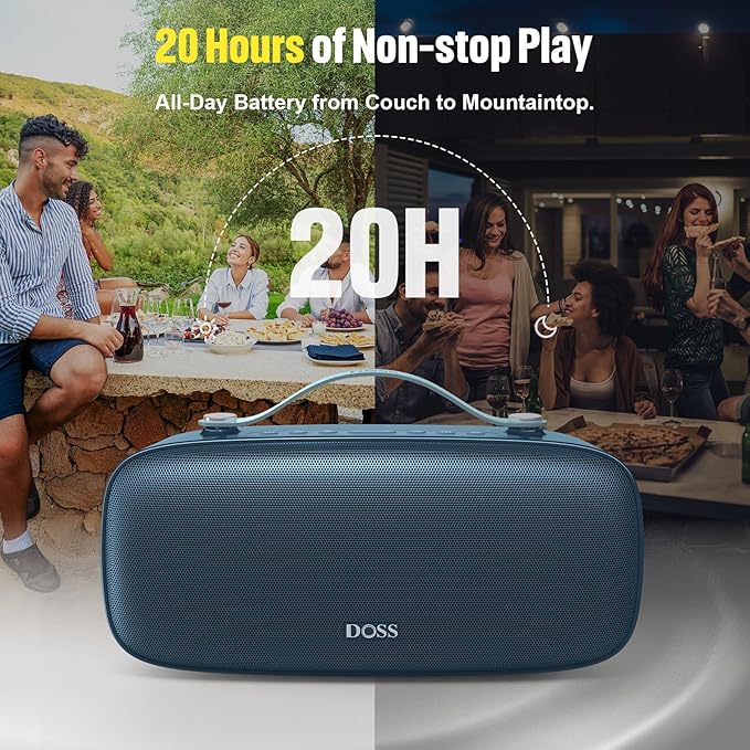 DOSS Extreme Boom Pro D300 Bluetooth Speaker, 80W Immersive Stereo Sound, 3-Mode Pro EQ, 20H Playtime, Beat-Driven Lights, IPX6 Waterproof for Camping, Beach, Backyard and Home Parties-Blue