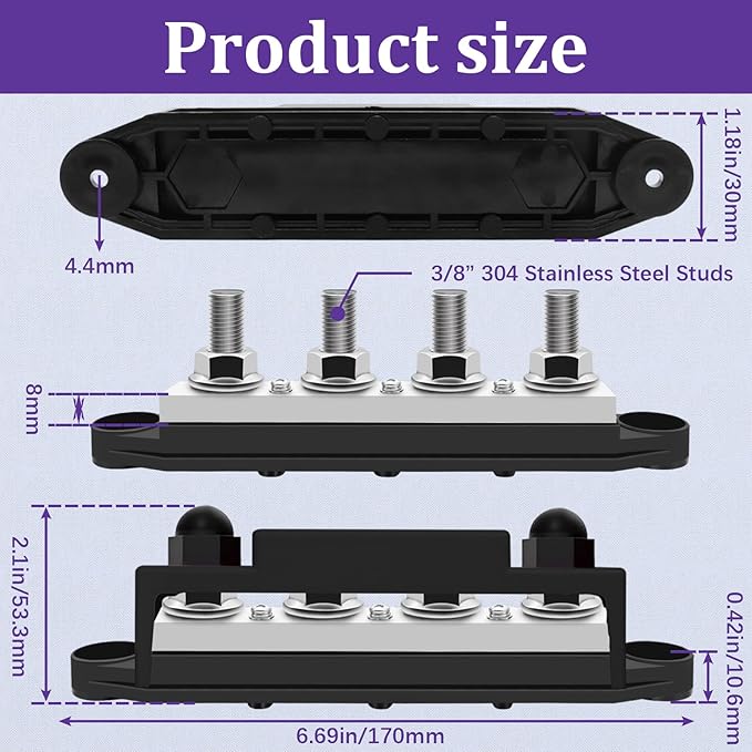 400A 12V Bus Bar Marine Power Distribution Block with Cover with 4 x 3/8”Post 3 x #8 Screws Terminals,Battery Bus Bar (Pair, Red & Black),Automotive Busbars 12 Volt for Car Boat Solar Wiring