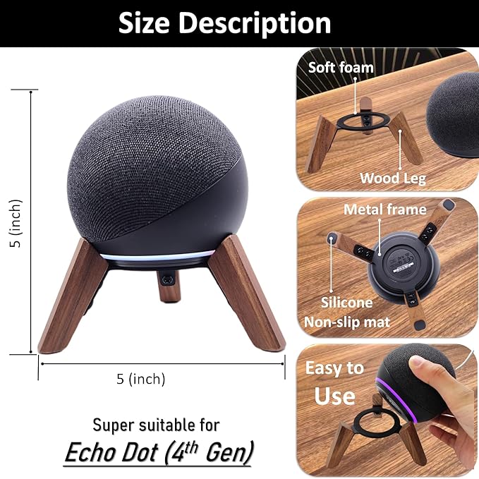 Real Wood Stand for Echo Dots(4th Gen)(5th Gen),Tripod Accessories Protect Speaker for Better Sound,Secure Stable Wooden Mount Holder for Echo Dot (Newest Model) 2024,(Walnut)