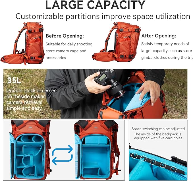 Tenzing 25L Camera Backpack with Rain Cover for Photographers 14 inch Laptop Compartment Waterproof Large Camera Bag for Drone,Cameras, Batteries, Lenses,Tripod(Orange)