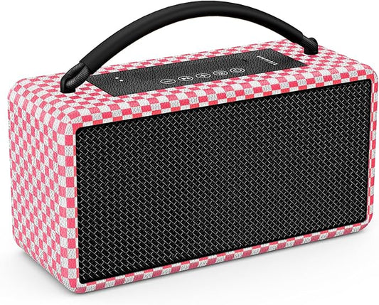 DINDIN Portable Bluetooth Speaker： 80W (Peak), 20H Playtime, Wireless Big Wood Boombox with Deep Bass, Subwoofer, TWS, Large, Loud Speaker for Party, Outdoor, Backyard, Beach, Home,Gift（Pink+White）