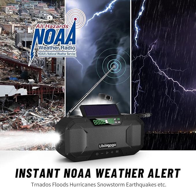 Emergency Radio Waterproof Bluetooth Speaker,Portable Digital AM FM Radio with Flashlight,Reading Lamp,Hand Crank NOAA Weather Radio with Solar Panel,5000mAH Cell Phone Charger,Emergency Survival Kit