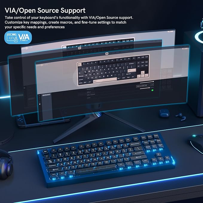 SK87 75% Wireless Gaming Keyboard QMK/VIA, Full Aluminum Transparent keycaps Mechanical Keyboard, Bluetooth 5.0/2.4GHz/USB-C Wired Programmable Keyboard, Hot Swappable, POM Linear Switch (Blue)