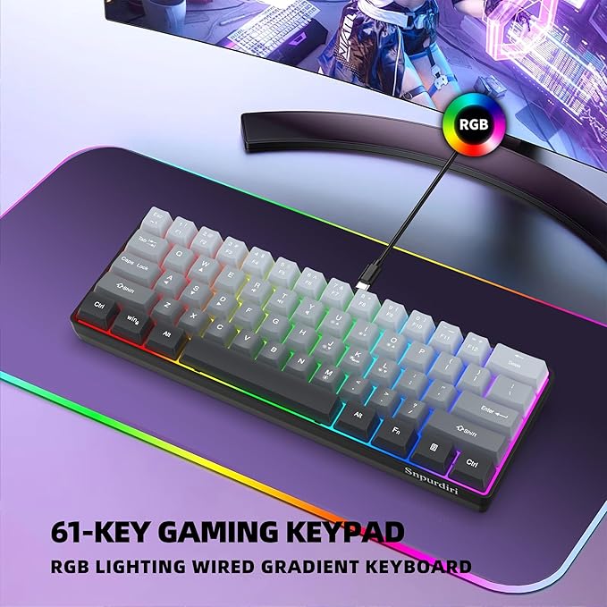 Snpurdiri 60% Wired Gaming Keyboard, 61 Keys RGB Backlit Ultra-Compact Small Gaming Keyboard, for PC/Mac Gamer, Typist, Travel, Easy to Carry on Business Trip (Grey-Black)