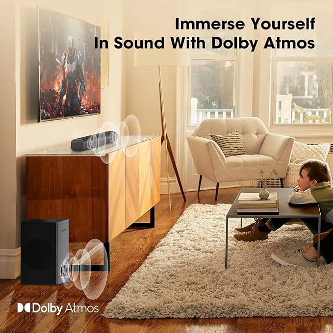 2.1CH Dolby Atmos TV Soundbar Speaker 5.3 Bluetooth 120W Output with 70W External Wired Subwoofer and Opt&AUX Cables,Deep Bass,Multiple Connection