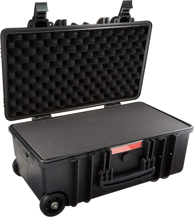 Amazon Basics Hard Camera Case with Wheels, Large, Black, Solid, 22"L x 14"W x 9.8"H