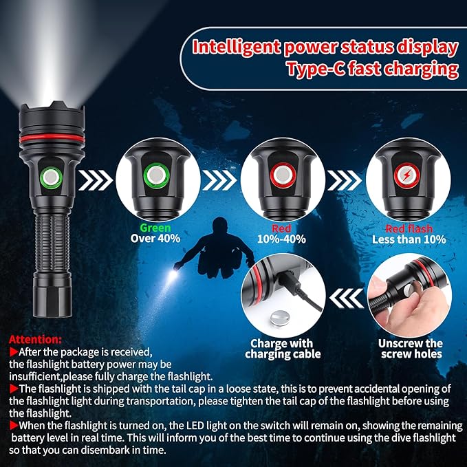 14S 2000 Lumens Professional Dive Light - IP68 328FT/100M Waterproof Underwater Flashlight with 6 Modes & USB-C Charging, for Scuba Diving/Underwater Photography/Spearfishing