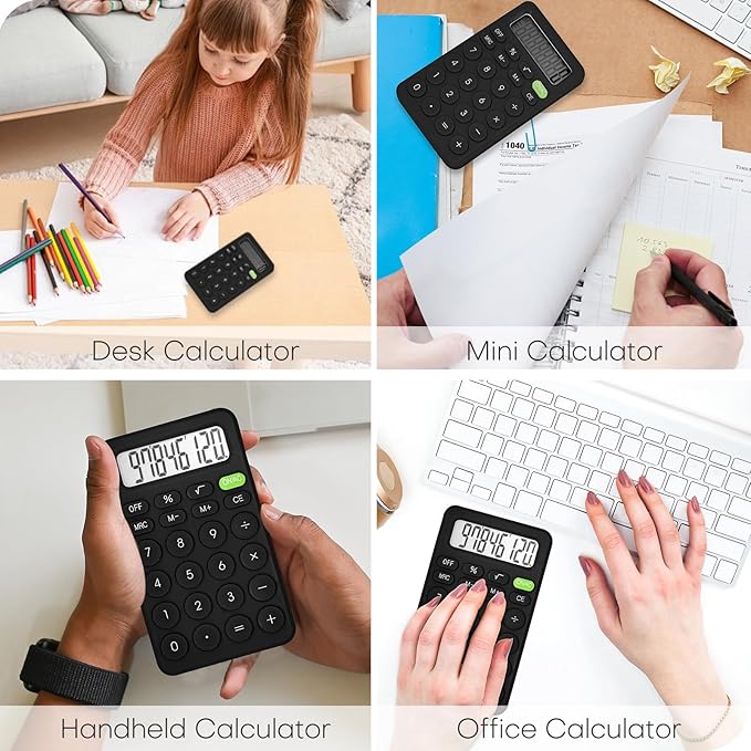 Cute Basic Four Function Calculator for Teachers & Students - Small Handheld, 8 Digit LCD Display, Sensitive Buttons, 5.5x3.2 inches Black