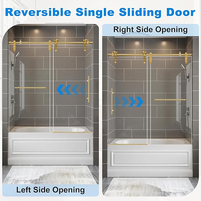 56-60" W x 66" H Tub Shower Door Bathroom Sliding Shower Door 5/16"(8mm) Thick Tempered Glass Shower Door with Double Stainless Steel Handles for Bathtub, Brushed Gold