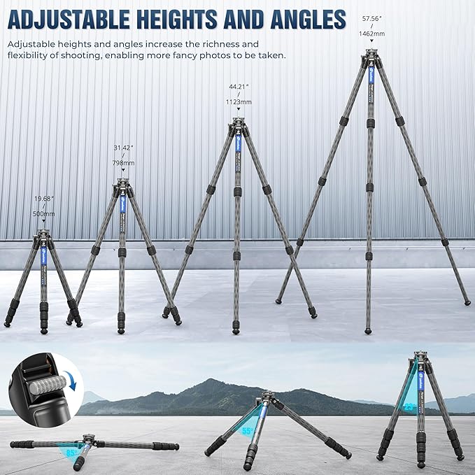 Compact Carbon Fiber Tripod with Leveling Base for Camera, 360° Rotating Portable Tripod with 3/8" Screw for Sport Camera/Phone Holder/Projector, A Bubble Level, Folded Length 21.06", Max Load 22LB