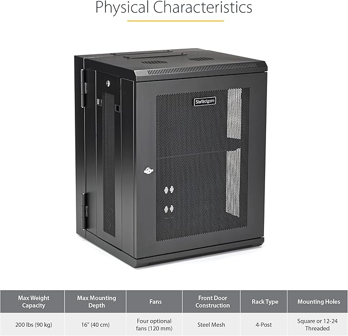 StarTech.com 4-Post 15U Wall Mount Network Cabinet w/ 1U Shelf, 19" Wall-Mounted Server Rack Kit for IT / Data Computer Equipment, Ships Fully Assembled