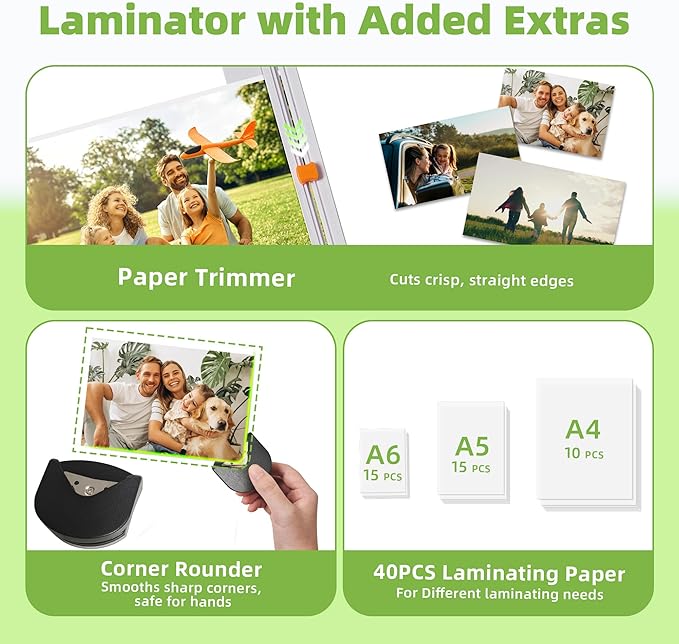 Laminator Machine with 40 Laminating Sheets, Thermal Laminator with Paper Trimmer & Corner Rounder, Laminating Kit for Home Office School and Class, White