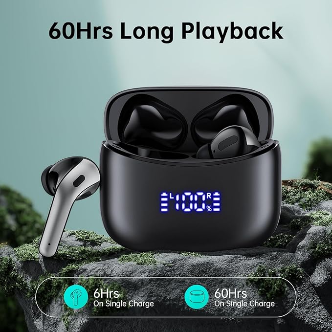 Wireless Earbuds, Bluetooth Ear Buds Headphones, 60H Long Playtime, Stereo Deep Bass, LED Power Display, IPX7 Sport Waterproof, Lightweight in-Ear Earphones with Mic for iPhone Android PC TV Computer