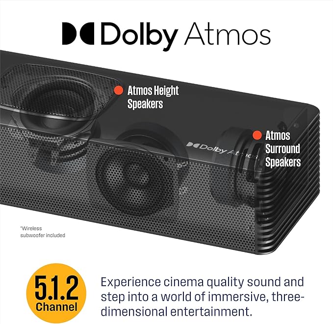 Westinghouse 5.1.2 Channel Soundbar for Smart TV, 200W Surround Sound w/Dolby Atmos & Dolby Digital Plus, Wireless Subwoofer, Home Theater Audio, eArc, HDMI, Bluetooth, Roku TV Ready