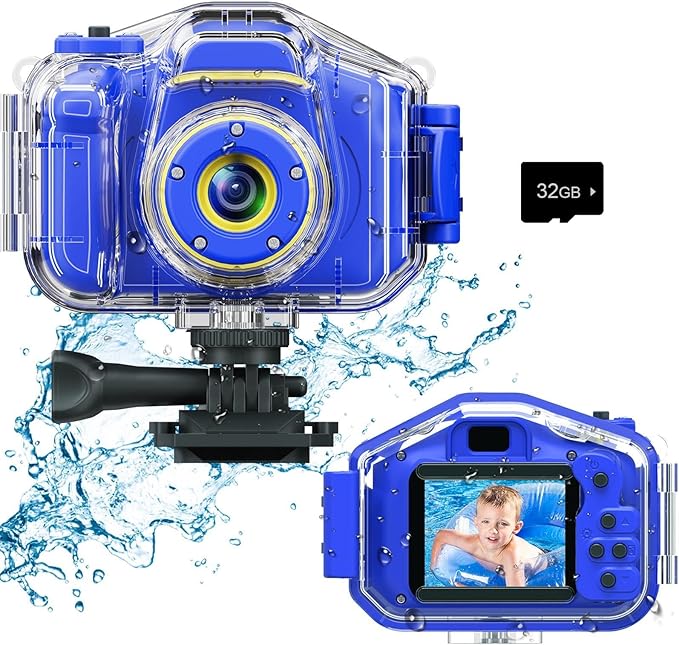 DEKER Kids Waterproof Camera, Christmas Birthday Gifts for Boys Girls Toys 3-12 Year Old, Underwater Mini Children HD Digital Action Camcorder, 2 Inch IPS Screen with 32GB Card (Dark Blue)