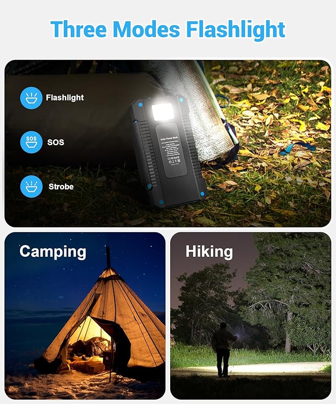 Solar Power Bank 38800mAh with 4 Solar Panels, Portable Charger USB C 18W Fast Charge for iPhone Samsung, IP67 Waterproof Outdoor External Battery Pack with Flashlight Light/SOS/Strobe