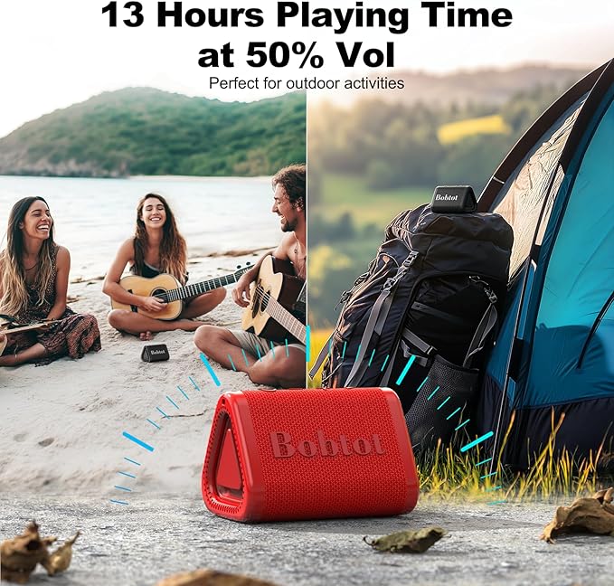 Bobtot Portable Bluetooth Speaker Wireless, IPX7 Small Shower Speaker Waterproof, 15H Playing Time, Loud and Stereo Sound with Bass, TWS Pairing for Party, Camping, Travel, Red