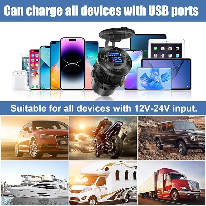 12V USB Car Socket Round USB C 12V Outlet, 3-Port Marine Fast Charger Waterproof Cigarette Outlet Replacement Aluminum with Switch & Voltmeter, Suitable for Boat Golf Cart RV Motorcycle Truck