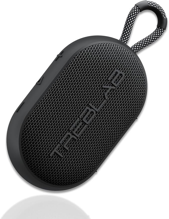 TREBLAB HD-Go - Ultra Portable Hand Held Speaker with Clip, 7W Power with Bass, 16H Playtime, IPX7 Waterproof, Built-in Mic, Compact & Lightweight, USB-C Charging – Small Speaker Bluetooth Wireless