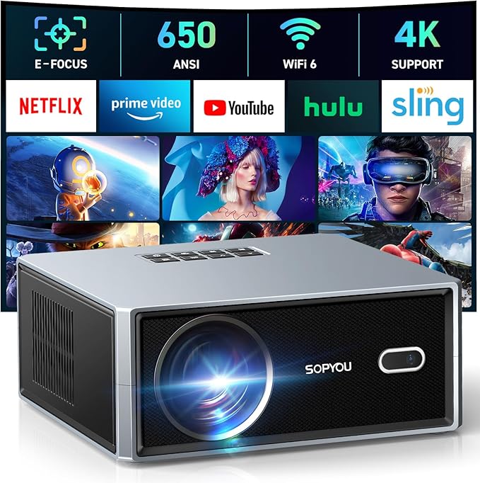 [Electric Focus/Auto Keystone] Projector with WiFi and Bluetooth, Native 1080P 4K Support Outdoor Movie Projectors Max 450" Display, SOPYOU Home Theater Projector for iOS/Android/TV Stick