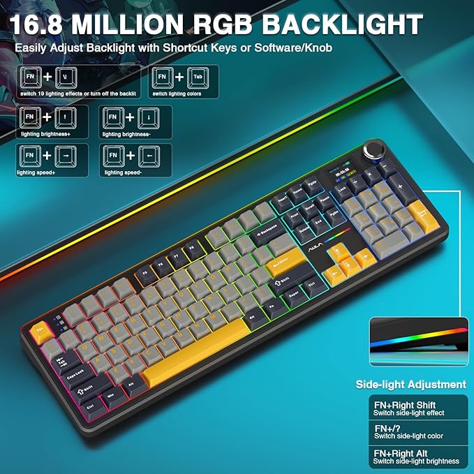 AULA F108 PRO - Wireless Mechanical Keyboard with Screen&Knob,Hot Swappable Gaming Keyboard with 8000mAh Battery,Pre-lubed Switches,RGB Backlit,PBT Keycaps Creamy Sounding Computer Keyboards,104 Keys
