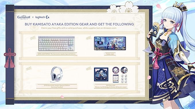 Logitech G515 Wireless Gaming Keyboard TKL, Low Profile, Kamisato Ayaka Special Edition, LIGHTSYNC RGB, Thin Tenkeyless Design, Double-Shot PBT Keycaps, Tactile Brown Mechanical Switches