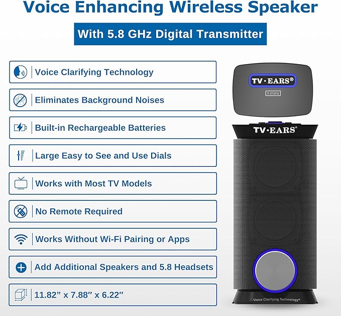 TV · EARS Wireless Speaker System for TV 5.8 GHz, Voice-Clarifying Speaker & Dual USB Charging, Long Range & Portable Entertainment System, Noise Cancellation & Works w/o Wi-Fi, Black