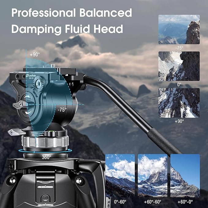 Heavy Duty Carbon Fiber Tripod with Fluid Head, One-Step Unlock System, with Removable Handle and Center Spreader, MaxLoad 8 KG/17.64 LB, Balanced Load 3 KG/6.61 LB (LVF-163C+BV-15)
