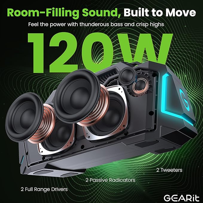 GEARit Portable Bluetooth Speaker Wireless w/ 120W Loud Audio Output - IPX6 Water-Resistant Speakers - 5.3 Bluetooth, AUX, TWS, MicroSD, EQ and Power Bank - Perfect for Gift/Home/Outdoor/Party