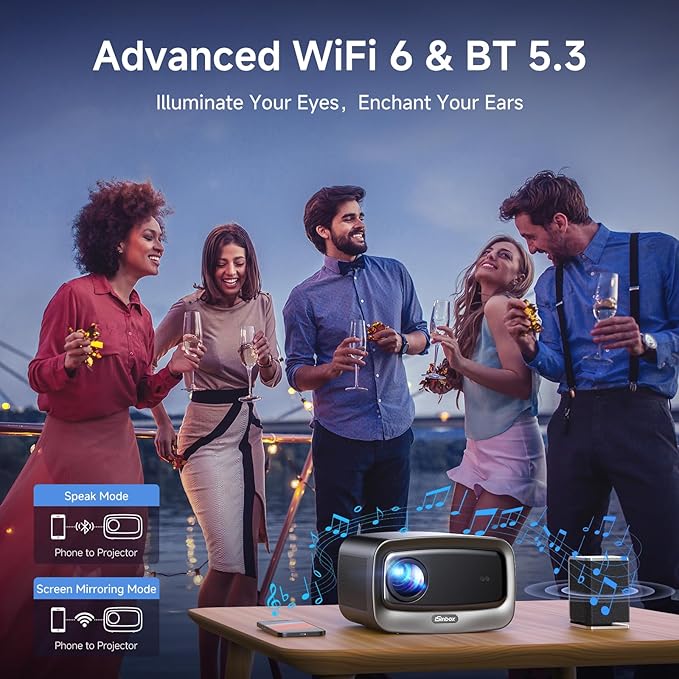 [1500 ANSI/Auto Focus/Built-in APPS] Smart Projector 4K with WiFi 6 and Bluetooth 5.3, 6D Keystone Outdoor Movie Projector with Netflix& 36W Dolby Audio Plus HDR10+ Home Theater Ceiling